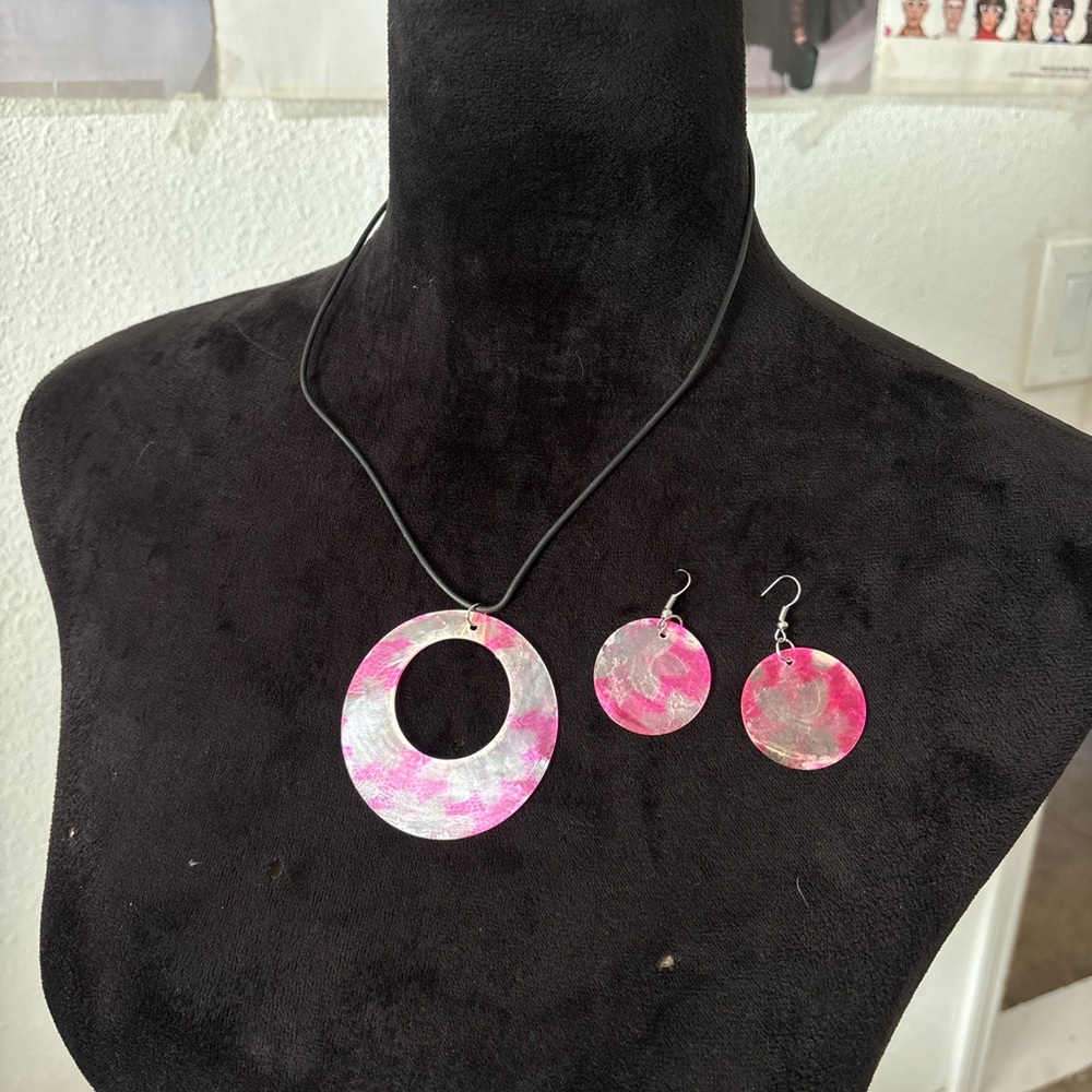 Handmade Pink and Silver Resin Circle Necklace & Earrings Set